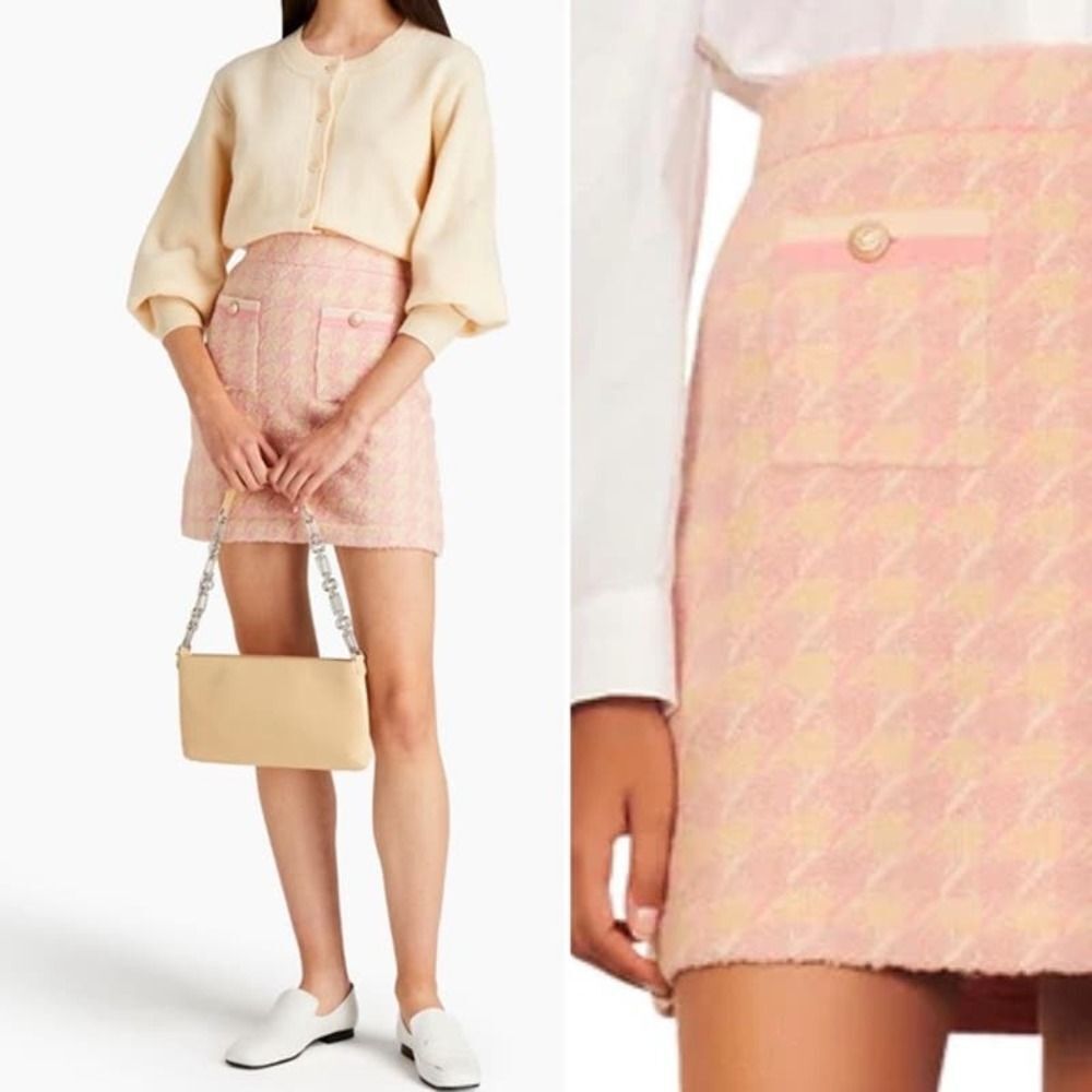 Sandro Louisa Houndstooth Jacquard Knit Cotton/Wool Mini Skirt Pink/Tan, Size XL